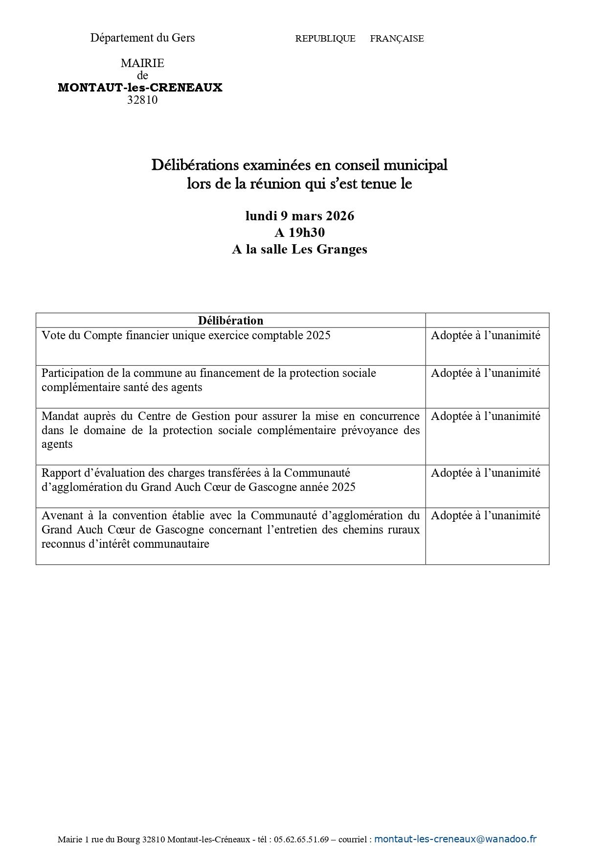 Deliberations examinees lors du cm du 09 03 2026