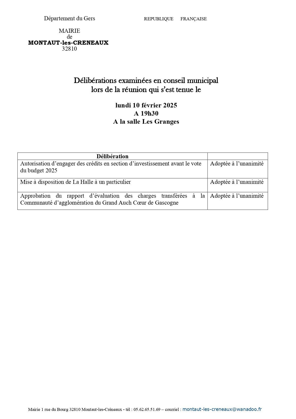 Deliberations examinees lors du cm du 10 02 2025